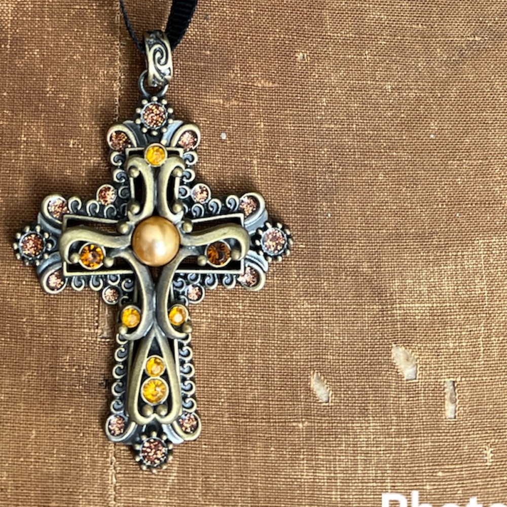 Unique Vintage Brass Gothic Cross Pendant Necklace Unisex rhinestones and Pearl
